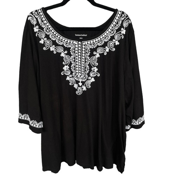 Woman Within Tunic Top Womens Plus Size 3X Black White Embroidered 3/4 Sleeve - Picture 2 of 11